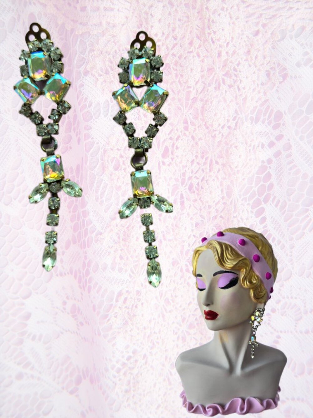 Vintage Czech Crystal Dangle Clip On Earrings Romantic Glam